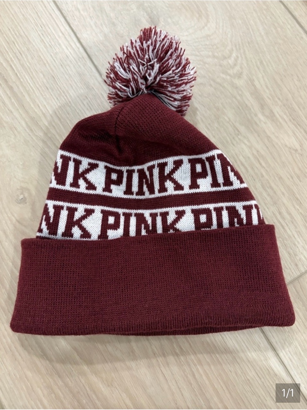 PINK Victoria's Secret Maroon and White Pom Beanie